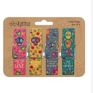 Karma-Sugar Skull Chip Clip Inscribed Set- Set of 4 plastic 0.75” W 2.5” H NWT